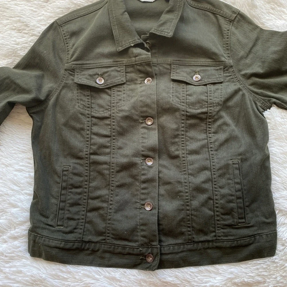 L.L.BEAN Denim Trucker Jacket Womens Olive Green Stretch Size L Regular